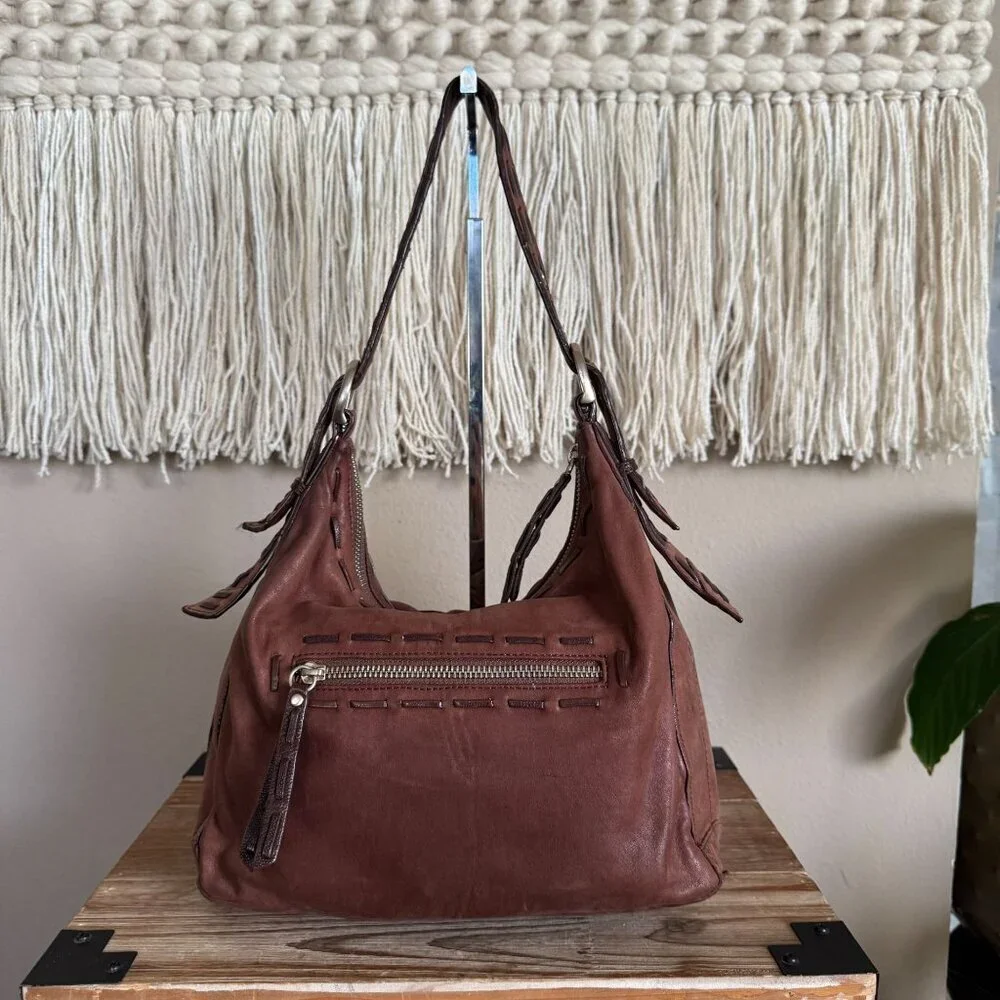 Junior Drake Brown Lambskin Leather Gathered‎ Pocket Squishy Hobo Shoulder Bag